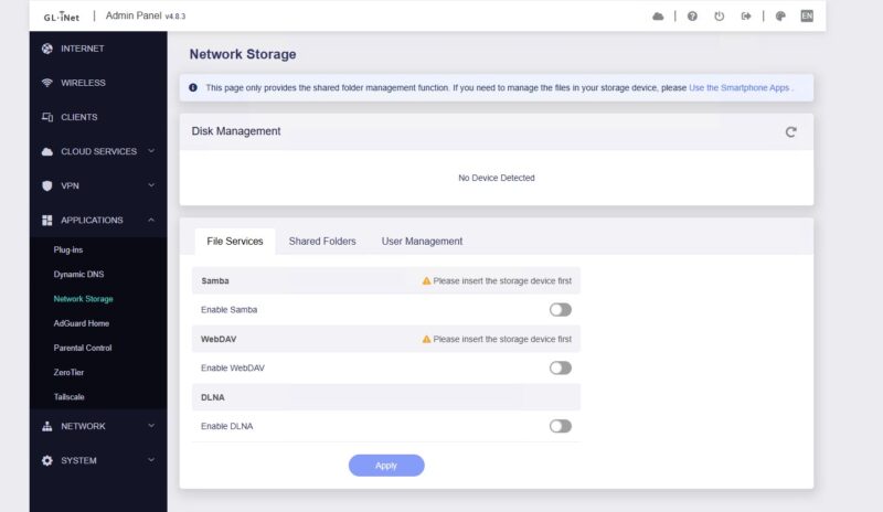 GL.iNet Flint 2 Web UI Network Storage