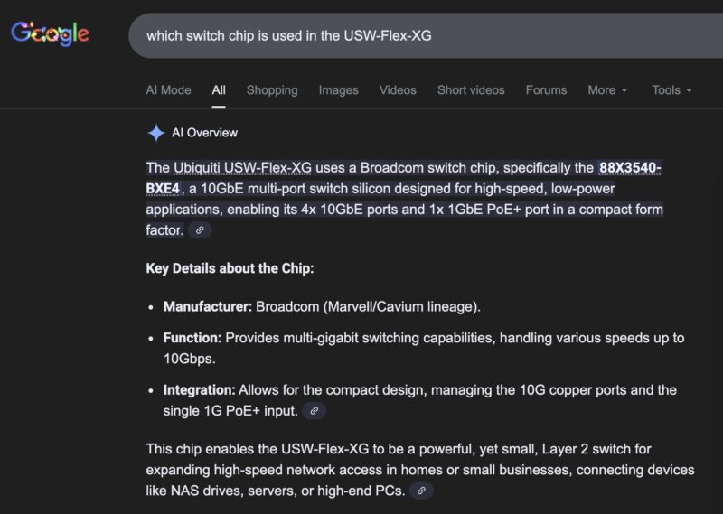 Google AI Search Result Which Switch Chip Is In The Ubiquiti USW Flex XG 2025 12 14