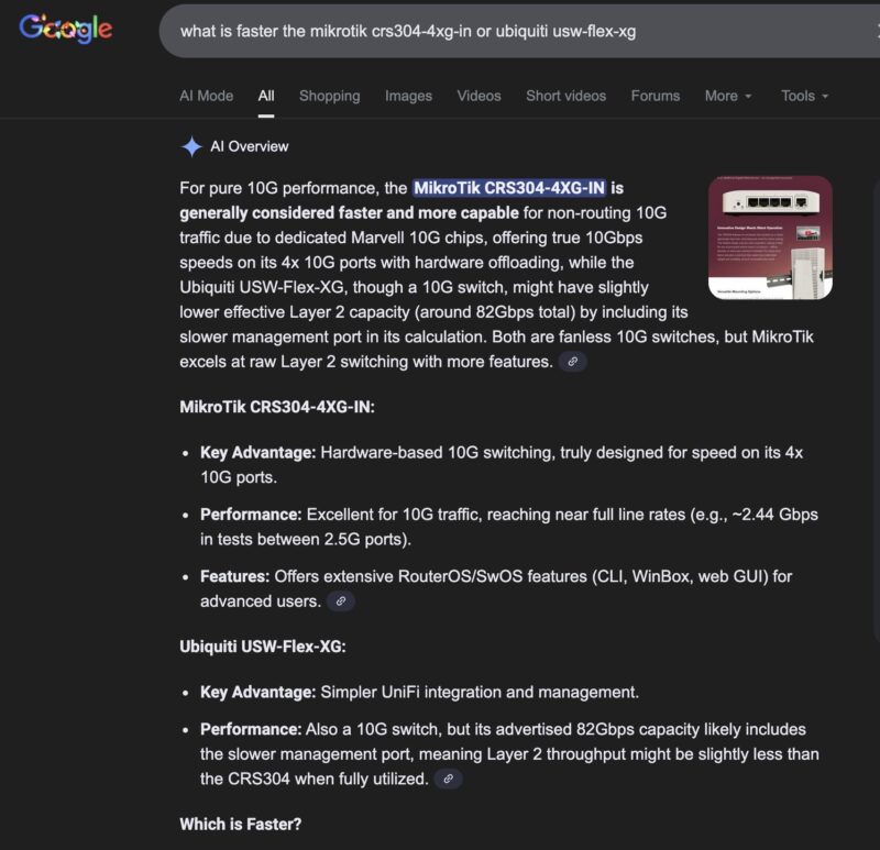 Google AI Search Result Which Is Faster MikroTik CRS304 4XG IN Or Ubiquiti USW Flex XG 2025 12 14