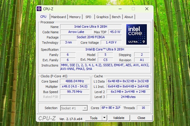 Intel Core Ultra 9 285H CPU Z