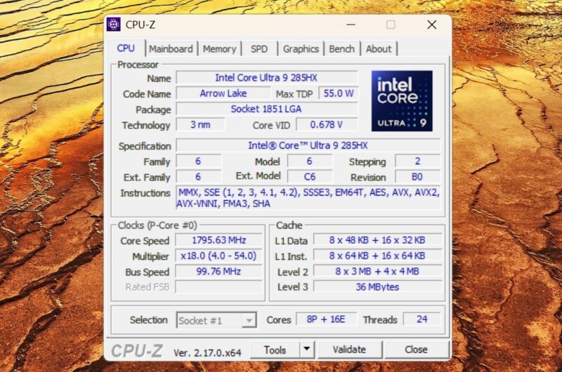 Intel Core Ultra 9 285HX CPU Z