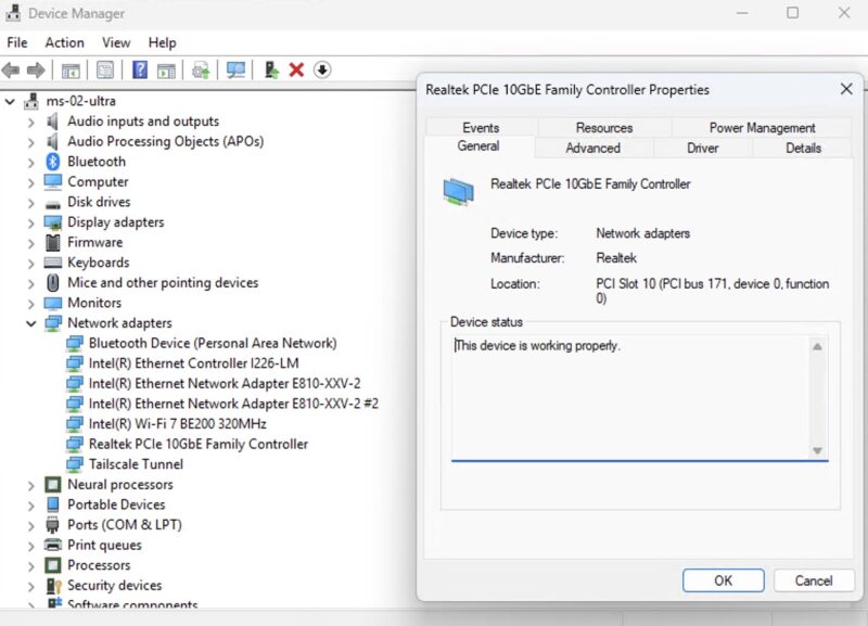 Minisforum MS 02 Ultra Realtek RTL8127 NIC Windows Device Manager