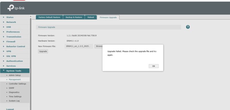TP Link ER8411 Firmware 1.3.5 Fail