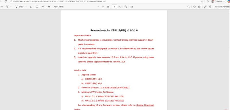 TP Link ER8411 Firmware Versions Release Notes