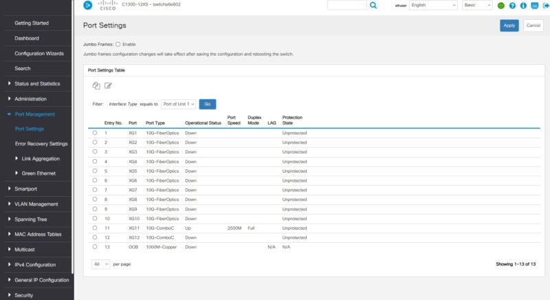 Cisco Catalyst C1300 12XS Web GUI Port Management And 2.5GbE