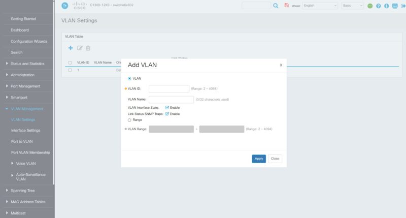 Cisco Catalyst C1300 12XS Web GUI VLAN Add VLAN