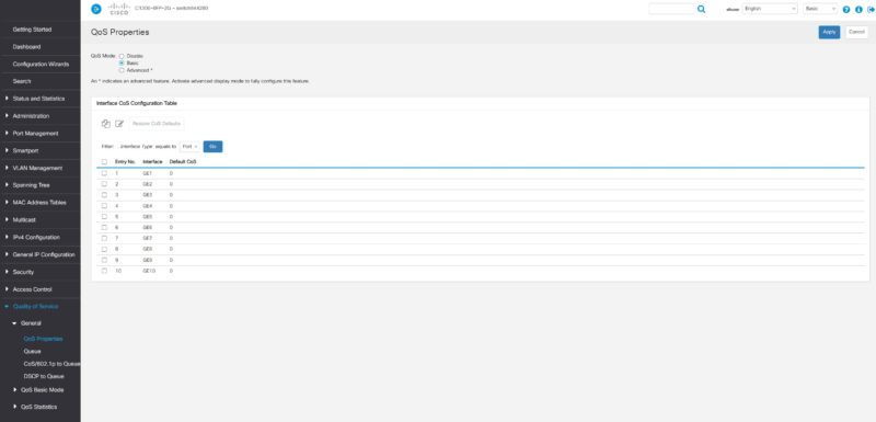 Cisco Catalyst C1300 8FP 2G Web UI QoS Properties