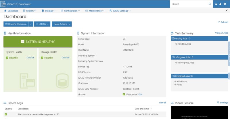 Dell PowerEdge R670 IDRAC 10 Dashboard