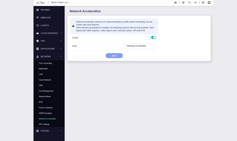 GL.iNet Beryl AX GL MT3000 Management 10 Hardware Acceleration