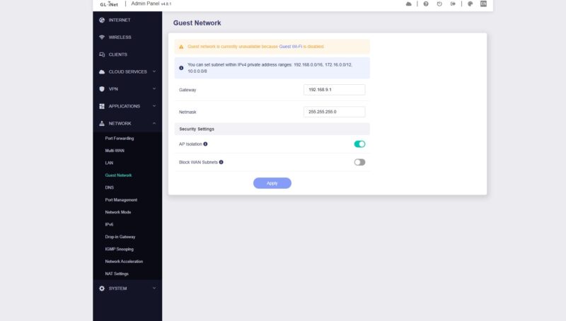 GL.iNet Beryl AX GL MT3000 Management 11 Guest Network