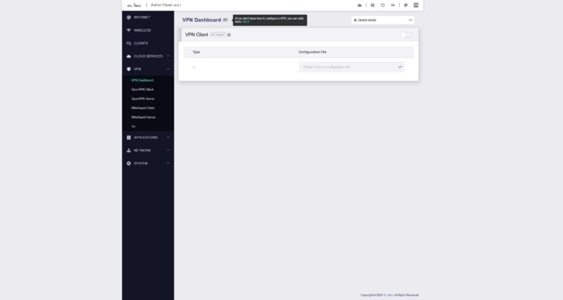 GL.iNet Beryl AX GL MT3000 Management 5 VPN Dashboard