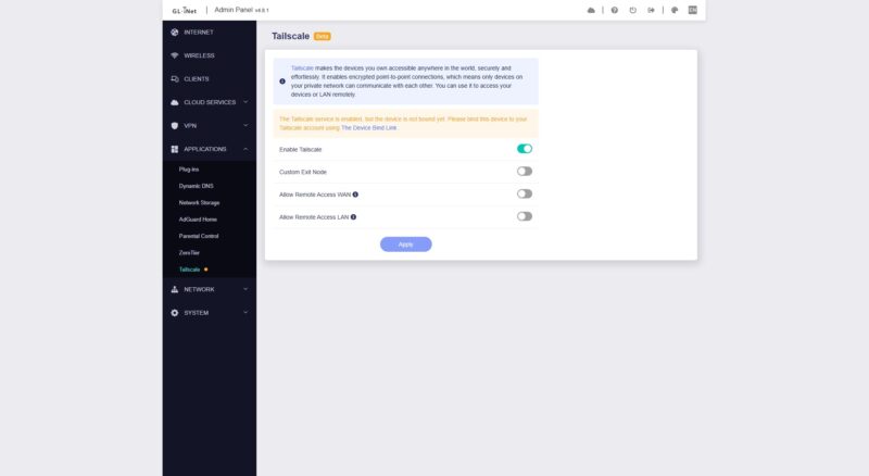 GL.iNet Beryl AX GL MT3000 Management 6 Tailscale