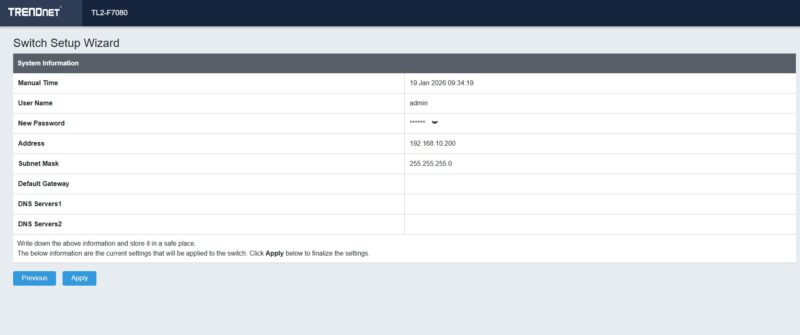 TRENDnet TL2 F7080 Web Management Setup Wizard Network