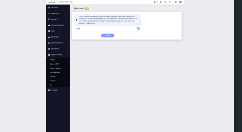 GL.iNet Flint 3 BE9300 Applications Tailscale