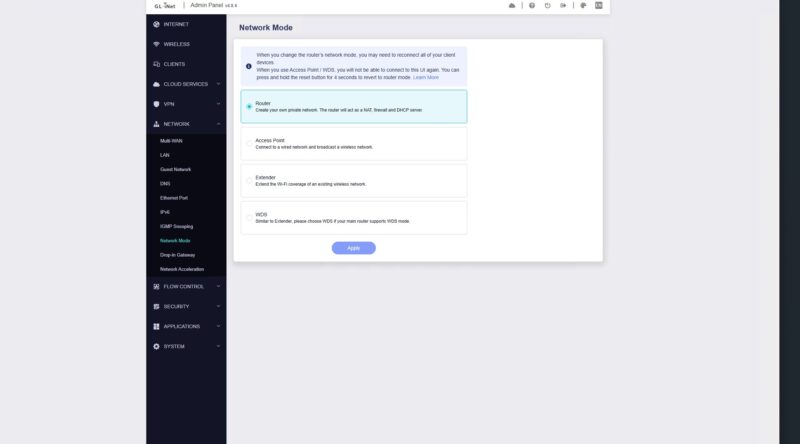 GL.iNet Flint 3 BE9300 Network Mode