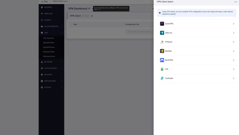 GL.iNet Flint 3 BE9300 VPN Dashboard