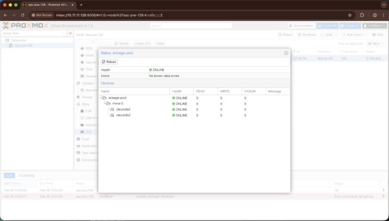 Beelink ME Pro NAS Proxmox VE Setup OpenClaw New ZFS Pool Created 2