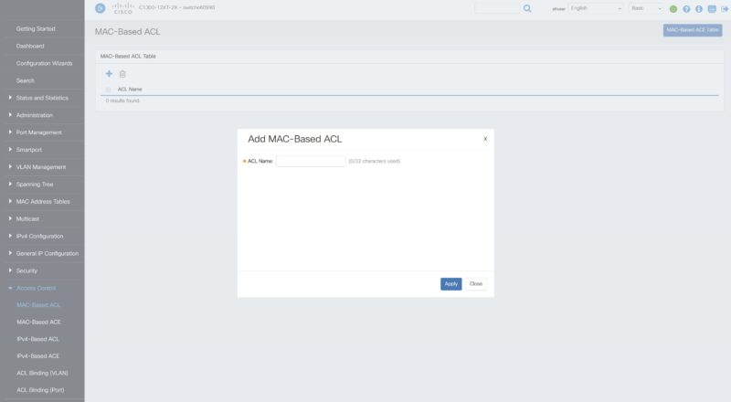 Cisco C1300 12XT 2X Web GUI ACL