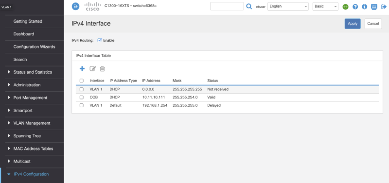 Cisco Catalyst C1300 16XTS Management Web UI IPv4 Configuration
