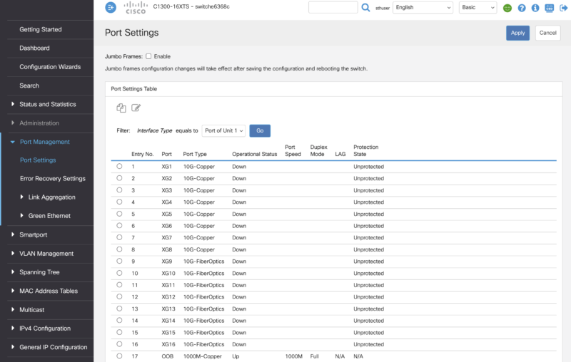 Cisco Catalyst C1300 16XTS Management Web UI Port Settings