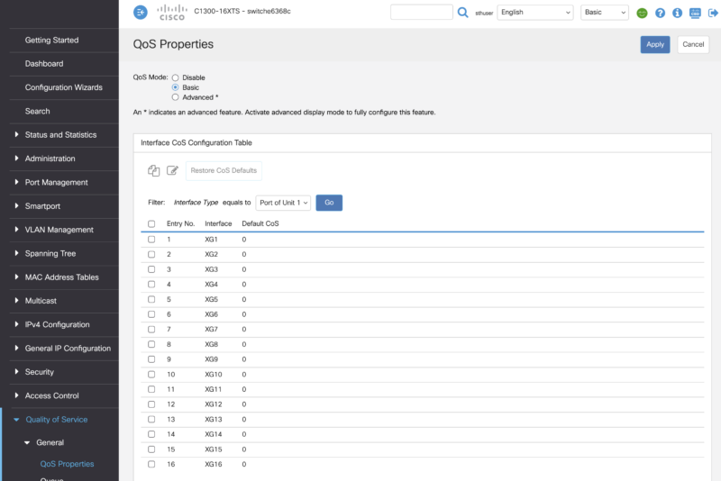 Cisco Catalyst C1300 16XTS Management Web UI QoS