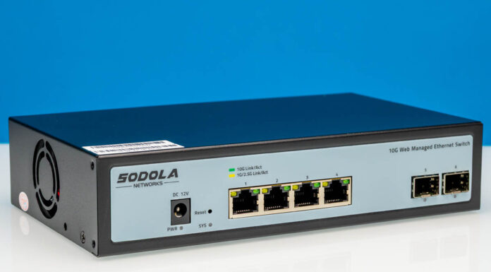 Sodola SL510S-4T2XS Review A Cheap Half-Width 6-port 10G Web Managed Switch Sodola SL510S 4T2XS Front Angled 2