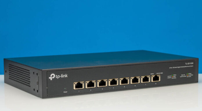 TP-Link TL-SX1008 Review an 8-Port 10Gbase-T Switch TP Link TL SX1008 Front Angled 2