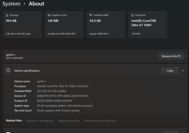 Dell XPS 14 2026 System About