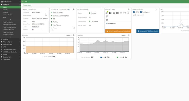 Fortinet FortiGate 40F FortiOS 7.2 Dashboard