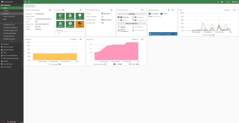 Fortinet FortiGate 40F FortiOS 7.4 Dashboard