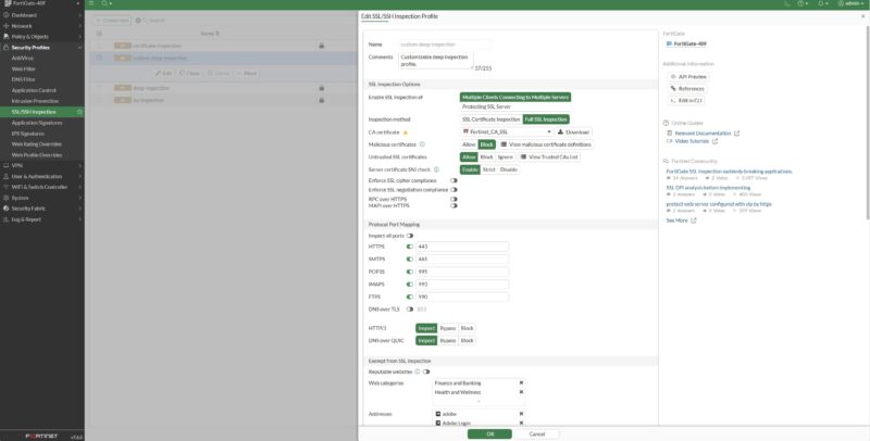 Fortinet FortiGate 40F FortiOS 7.6 SSL SSH Inspection Profile