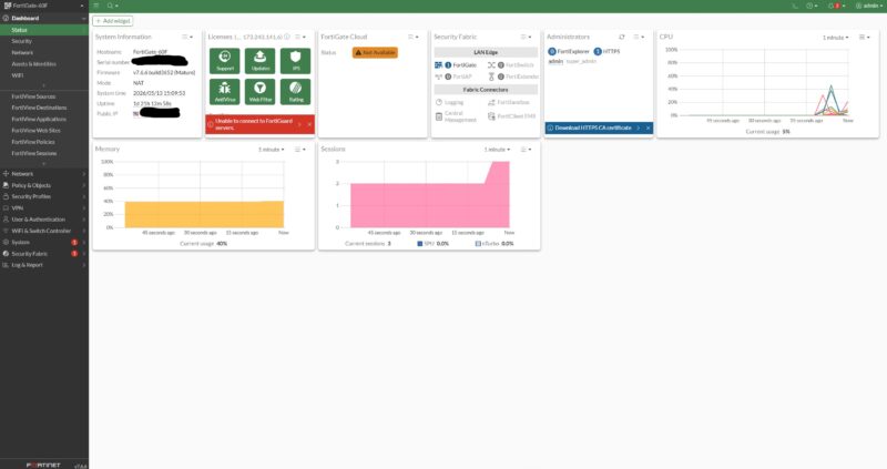 Fortinet FortiGate 60F FG 60F Dashboard V7.6.6