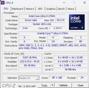 Intel Core Ultra 9 275HX CPU Z