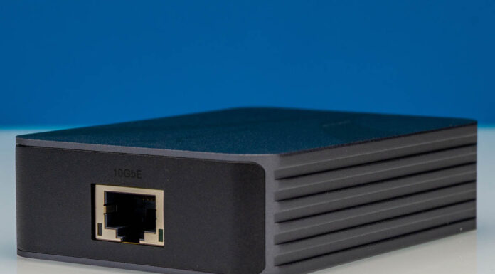 Sabrent NT-P10G USB4 10GbE Network Adapter Review Sabrent NT-P10G front angled view
