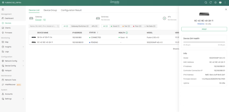 Omada Fusion Gateway 2.5G Adopting Switch