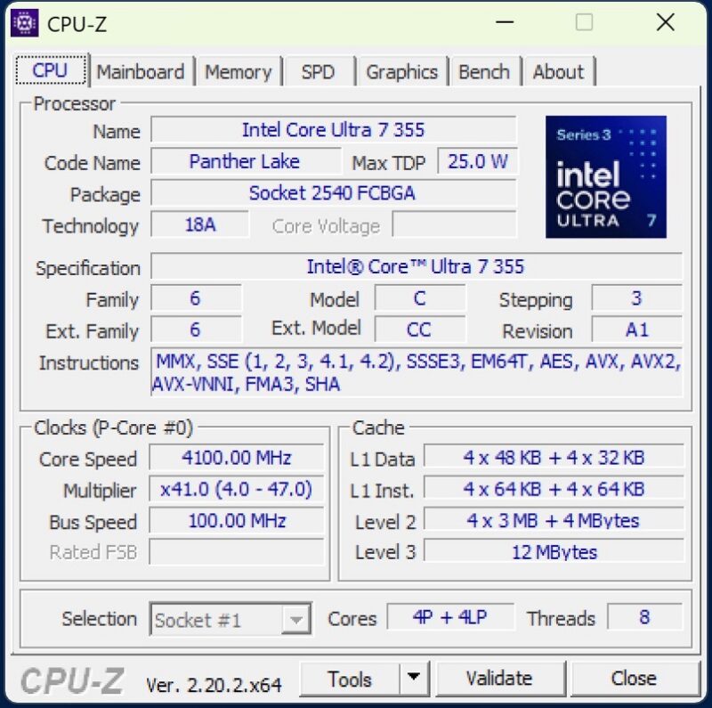 CPU-Z processor information for the tested notebook