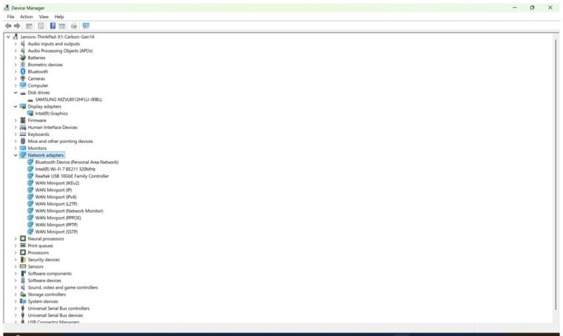 Selected storage and networking devices in Windows Device Manager