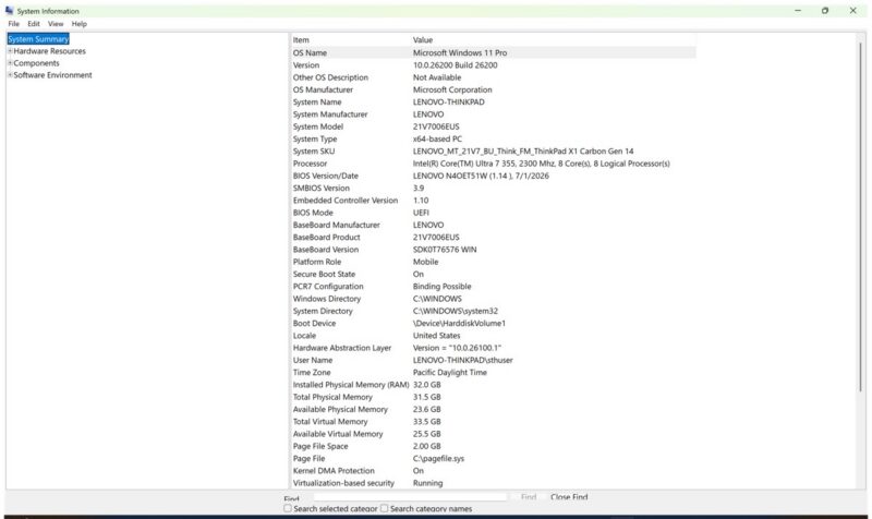 Windows System Information for the tested notebook