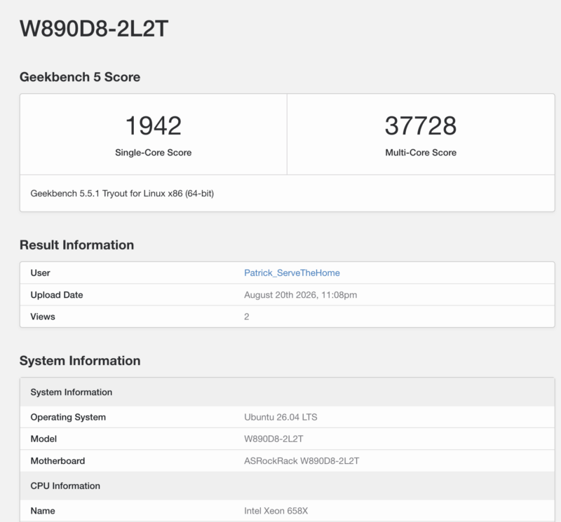 Intel Xeon 658X ASRock Rack W890 Geekbench 5