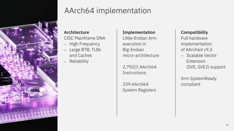 Hot Chips 2026 IBM Z and LinuxONE Slide 16 AArch64 implementation