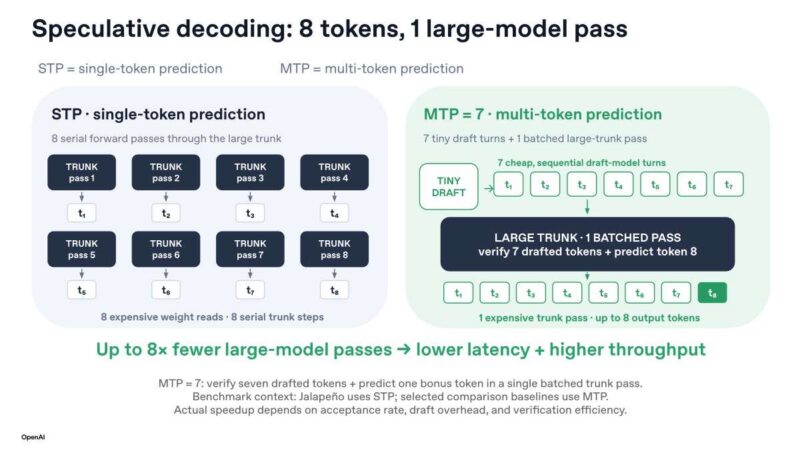 Hot Chips 2026 OpenAI Jalapeno Slide 7 Speculative decoding: 8 tokens, 1 large-model pass