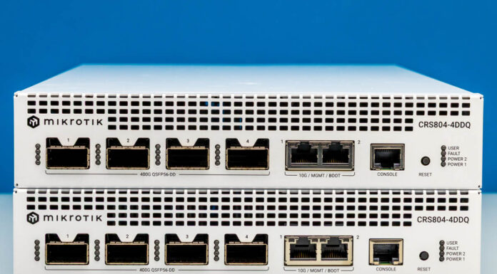 Cheap Desktop 400GbE Switch MikroTik CRS804-4DDQ-hRM Review MikroTik CRS804 DDQ-Two Untis Front 1
