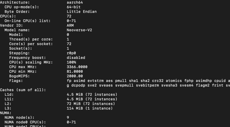 NVIDIA Grace CPU lscpu output cropped
