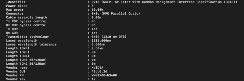 NVIDIA MMS1X00-N5400 QSFP112 1310NM 400Gbps ethtool module information
