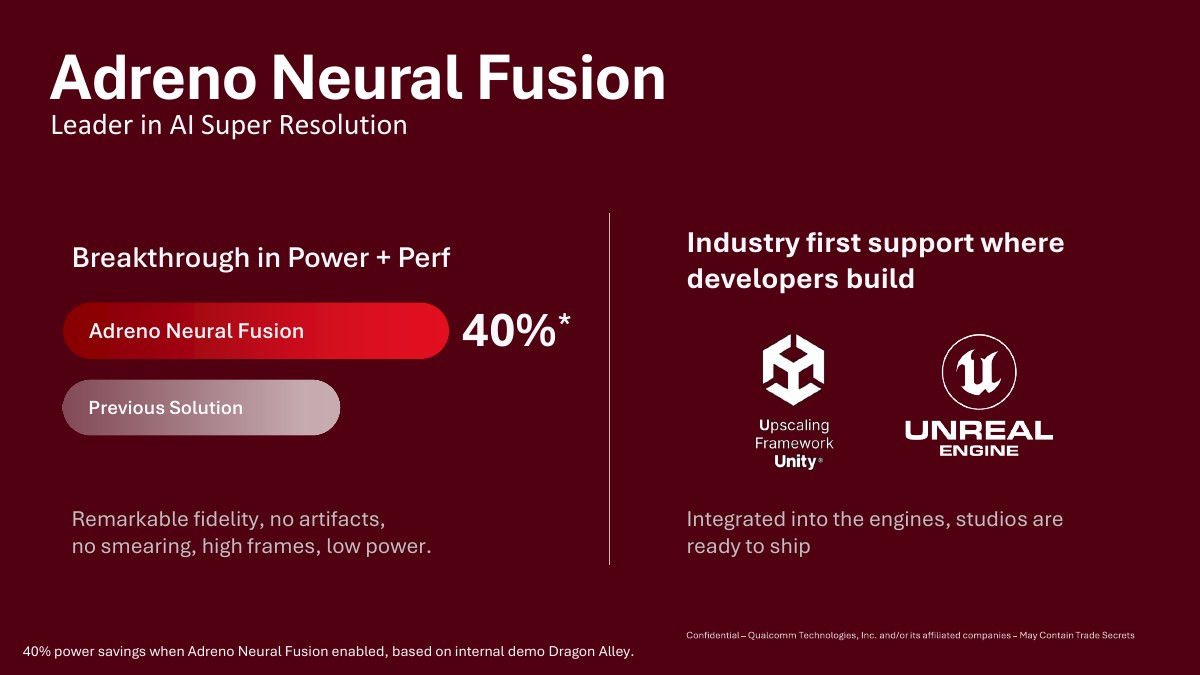 Slide titled 'Adreno Neural Fusion' with a 40% power-savings claim and a footnote about an internal Dragon Alley demo.