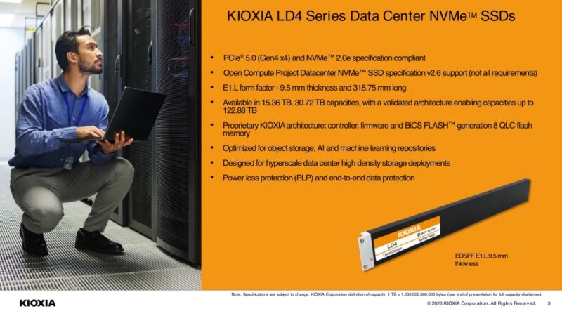 KIOXIA LD4 Series Overview Slide 3: KIOXIA LD4 Series data center NVMe SSD specifications
